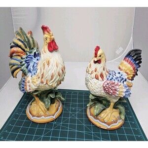 FITZ & FLOYD RICAMO ROOSTER 13" & HEN 11" FIGURINES 2008 CERAMIC 63/484